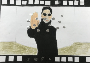 Scena z filmu science fiction: „ Matrix”. Ciemnowłosy mężczyzna w czarnych okularach i w czarnym ubraniu, zatrzymuje dłonią kule. Praca wykonana z zastosowaniem pasteli olejnych.