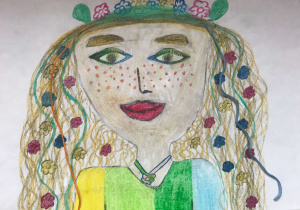 Portret wiosny wykonany przy użyciu pasteli olejnych i włóczek.