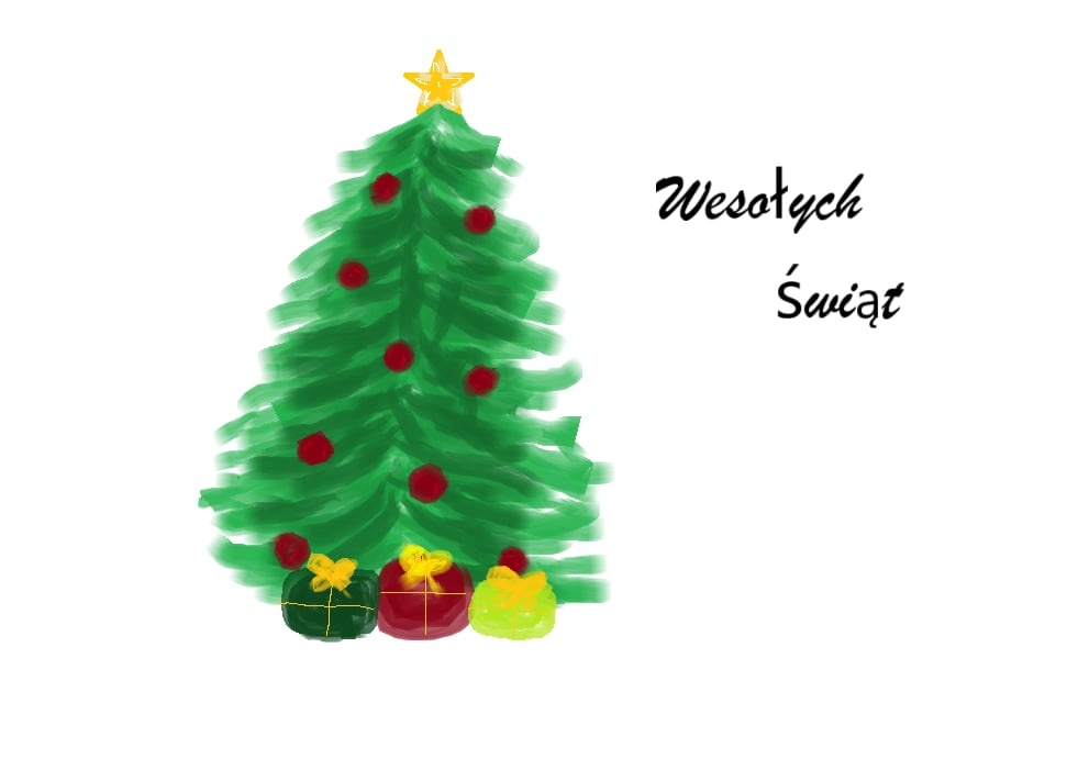 Choinka i napis Wesołych Świąt. Praca uczennicy klasy 5b biorąca udział w szkolnym konkursie grafiki komputerowej &ndash; Kartka Bożonarodzeniowa.