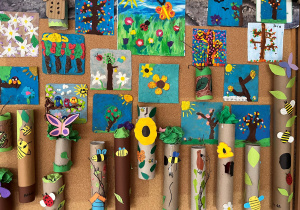 Wiosenne inspiracje wykonane z różnorodnych materiał przez uczniów klasy 4a