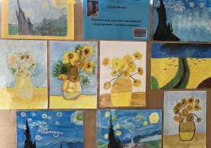Prace uczniów klas szóstych będących inspiracją dzieł Claude Monet`a oraz Vincenta Van Gogha zamieszczone na sztalugach