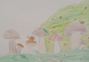Praca ucznia przedstawiająca grzyby i drzewo.
