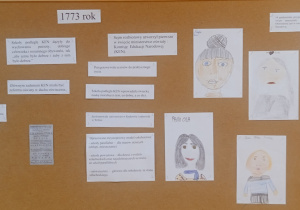 Tablica zamieszczona przy bibliotece szkolnej zawierająca informację o Komisji Edukacji Narodowej oraz rysunki uczniów, którzy przygotowali portrety swoich nauczycieli – pani Ireny, pani Edyty, pani Oli