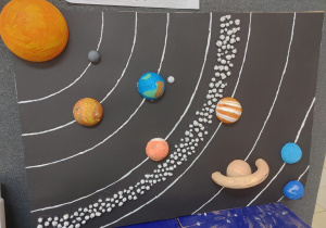 Modele Układu Słonecznego wykonane z różnorodnych materiałów przez uczniów klas szóstych.