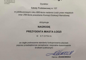 Nagroda Prezydenta Miasta Łodzi III stopnia dla Pani Dyrektor Joanny Mrowińskiej – Wange