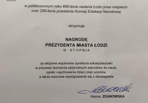 Nagroda Prezydenta Miasta Łodzi III stopnia dla Pani Wicedyrektor Małgorzaty Lisiak