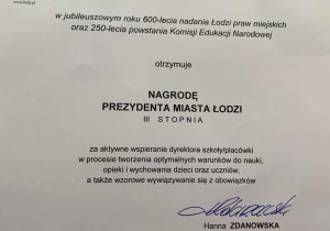 Nagroda Prezydenta Miasta Łodzi III stopnia dla Pani Wicedyrektor Barbary Dudy