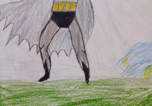 Praca ucznia przedstawiająca Batmana jako dorosłego mężczyznę.