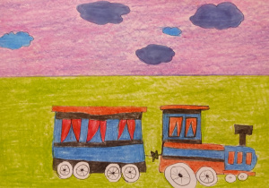 Rysunek wykonany przez ucznia przedstawiający lokomotywę z jednym wagonem - ilustracja do wiersza Juliana Tuwima „Lokomotywa".
