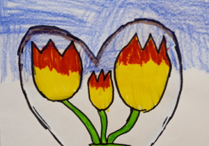 Laurka wykonana przez uczennicę uczęszczającą do świetlicy. Przedstawia serce, w środku którego jest wazon z trzema czerwono-żółtymi tulipanami.