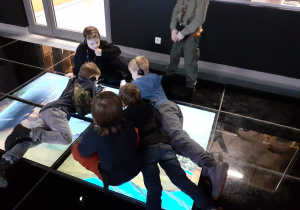 Uczniowie leżą na szklanej podłodze.
