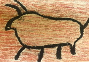 Na szarej tekturce narysowane konturowo zwierzę podobne do byka. Tło brązowo-czerwone.