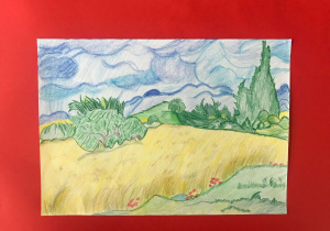 Vincent van Gogh – „ Pole pszenicy z cyprysami” – 1889 Kopię wykonał Mieczysław Zyner – uczeń klasy 4b