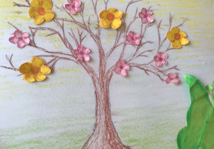Kwitnące drzewo- kompozycja przedstawia drzewo wykonane w technice rysunkowej. Elementy ozdobne to kwiaty przygotowane z papieru kolorowego.