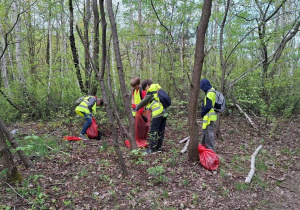 Uczniowie zbierają śmieci do worków znalezione na terenie lasu.
