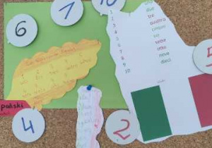 Jesienna dekoracja przygotowana przez uczniów klasy 5 przedstawiająca plansze z liczbami od 1 do 10 w różnych językach obcych
