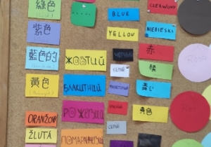 Zdjęcie SISQ7342 Tablica korkowa z zamieszczonymi nazwami kolorów w wybranych przez uczniów językach obcych