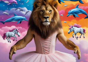 Praca Martyny z klasy 5a.Lew w sukience baletnicy, a za nim kolorowe niebo delfiny i jednorożce.