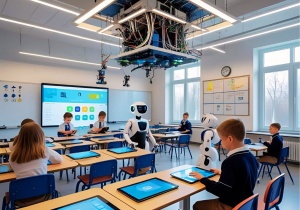 Praca Antka z 5a - Klasa w szkole za 50 lat, uczniowie uczą się na tabletach, a nauczycielami są roboty.