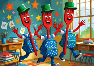 Latające czerwone widelce z zielonymi czapeczkami i z niebieskimi plecakami w kropki przebywające w sali lekcyjnej. Praca Zosi z 5b