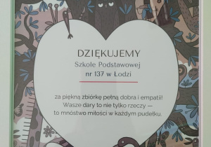 Podziękowania od Fundacji Gajusz dla darczyńców i wolontariuszy ze Szkoły Podstawowej nr 137.