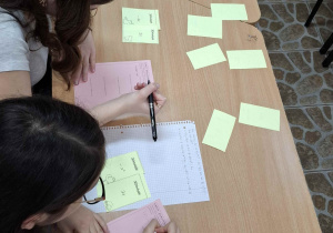 Uczniowie utrwalają mnożenie jednomianów i sum algebraicznych grając w grę karcianą z działań na wyrażeniach algebraicznych.