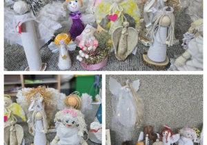 Prace uczniów - anioły wykonane w różnorodnych technikach plastycznych na międzyszkolny konkurs plastyczny.