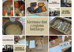 Kiermasz dań z regionu łódzkiego odbywający się w szkole w ramach projektu o regionie łódzkim.