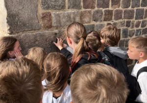 Uczniowie poszukują śladów pazurów Diabła Boruty na murach kolegiaty w Tumie.