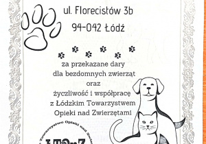 Podziękowania dla Szkoły Podstawowej nr 137 w Łodzi za przekazane dary dla bezdomnych zwierząt oraz życzliwość i współpracę z Łódzkim Towarzystwem Opieki nad Zwierzętami